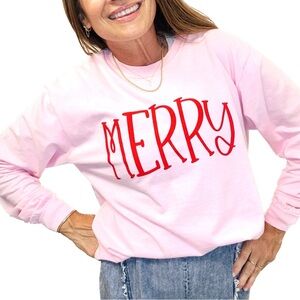 Merry Holiday Tee. Comfort Colors - Pink Long Sleeve XL